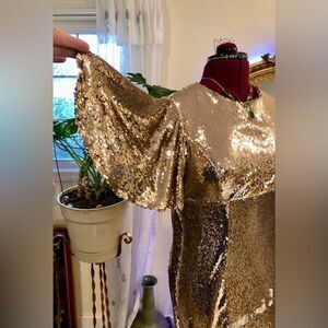 Gold Sequins Sparkling Flutter Angel Wing Sleeve Handmade Knee Length Dress